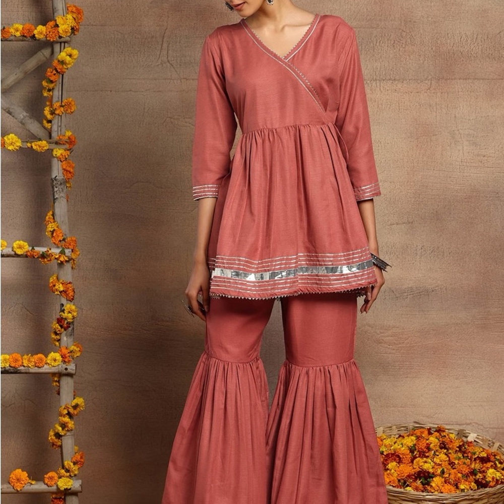 Pink Gota Lace Sharara with Short Angrakha Kurta